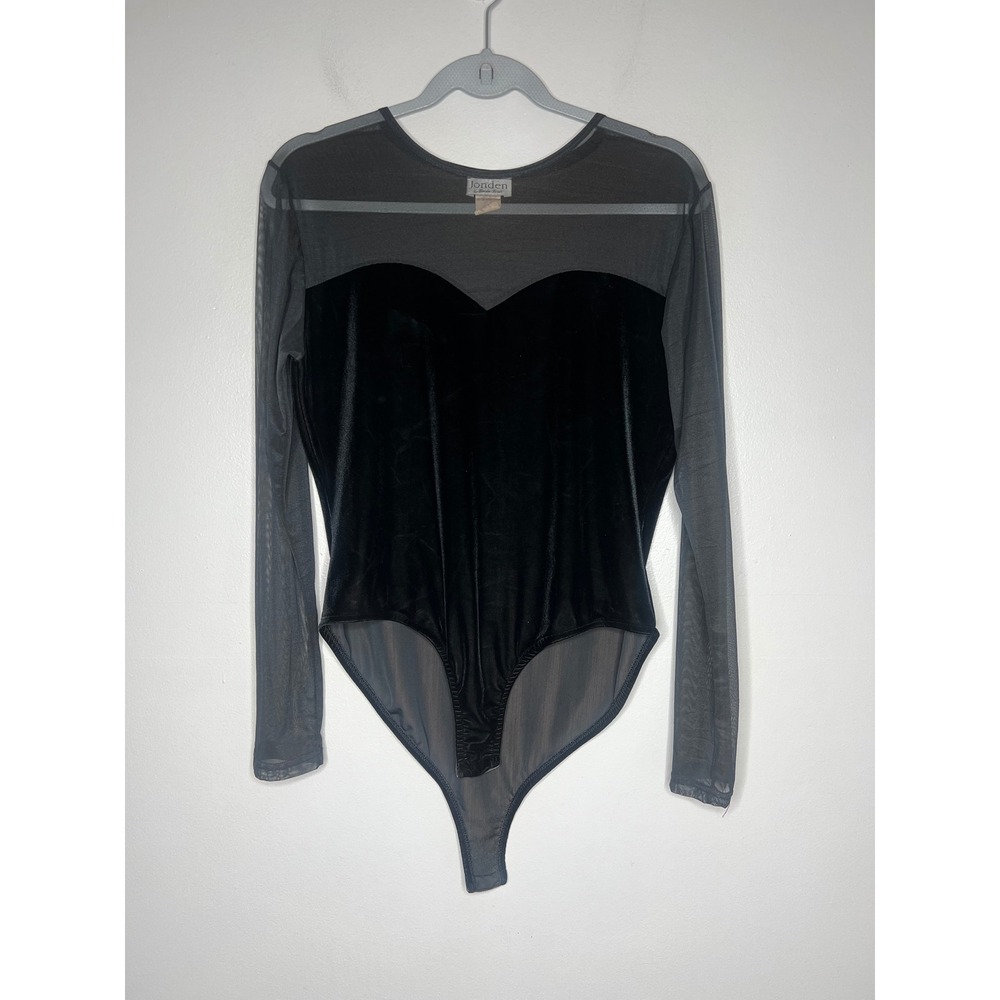 VTG 90s Jonden Black Velvet Sheer Mesh Sleeve Bodysuit Sweetheart Sz L Goth Glam